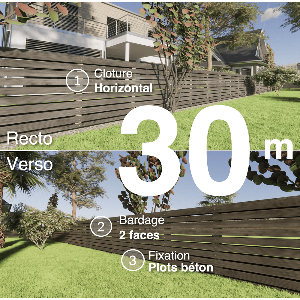 Kit clôture bois moderne 30m – h 0,9m – 20 x 70 mm noir par trempage – pose horizontal – double face – à sceller