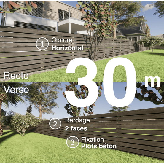 Kit clôture bois moderne 30m – h 0,9m – 20 x 70 mm noir par trempage – pose horizontal – double face – à sceller