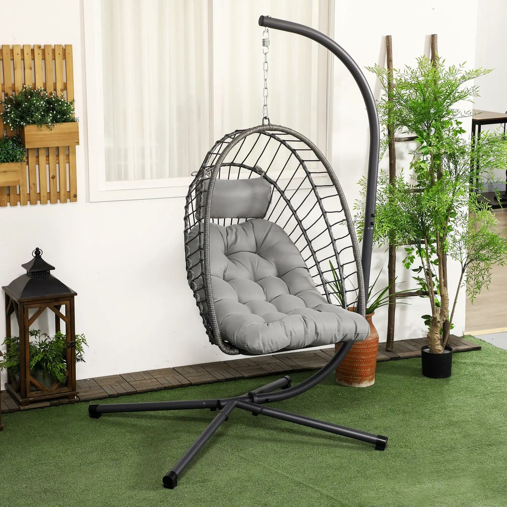 Fauteuil suspendu de jardin chaise hamac résine tressée panier pliable avec matelas support en métal et appui-tête gris