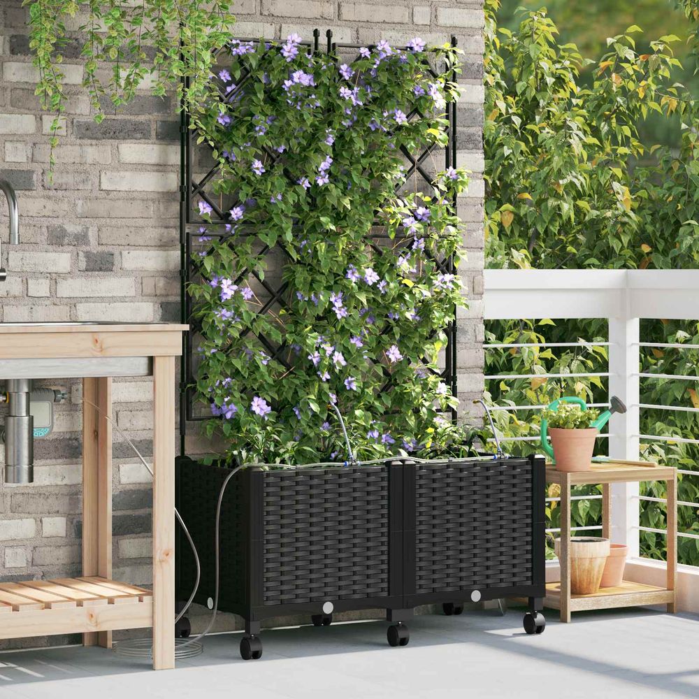 Lot 2 jardinières pp jardin avec irrigation treillis et roues 80x40x148cm noir