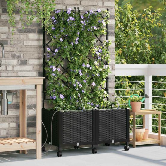 Lot 2 jardinières pp jardin avec irrigation treillis et roues 80x40x148cm noir