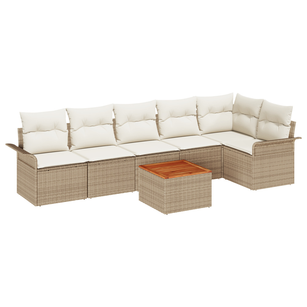 Ensemble de canapé de jardin 7 pièces avec coussins beige poly rattan acacia