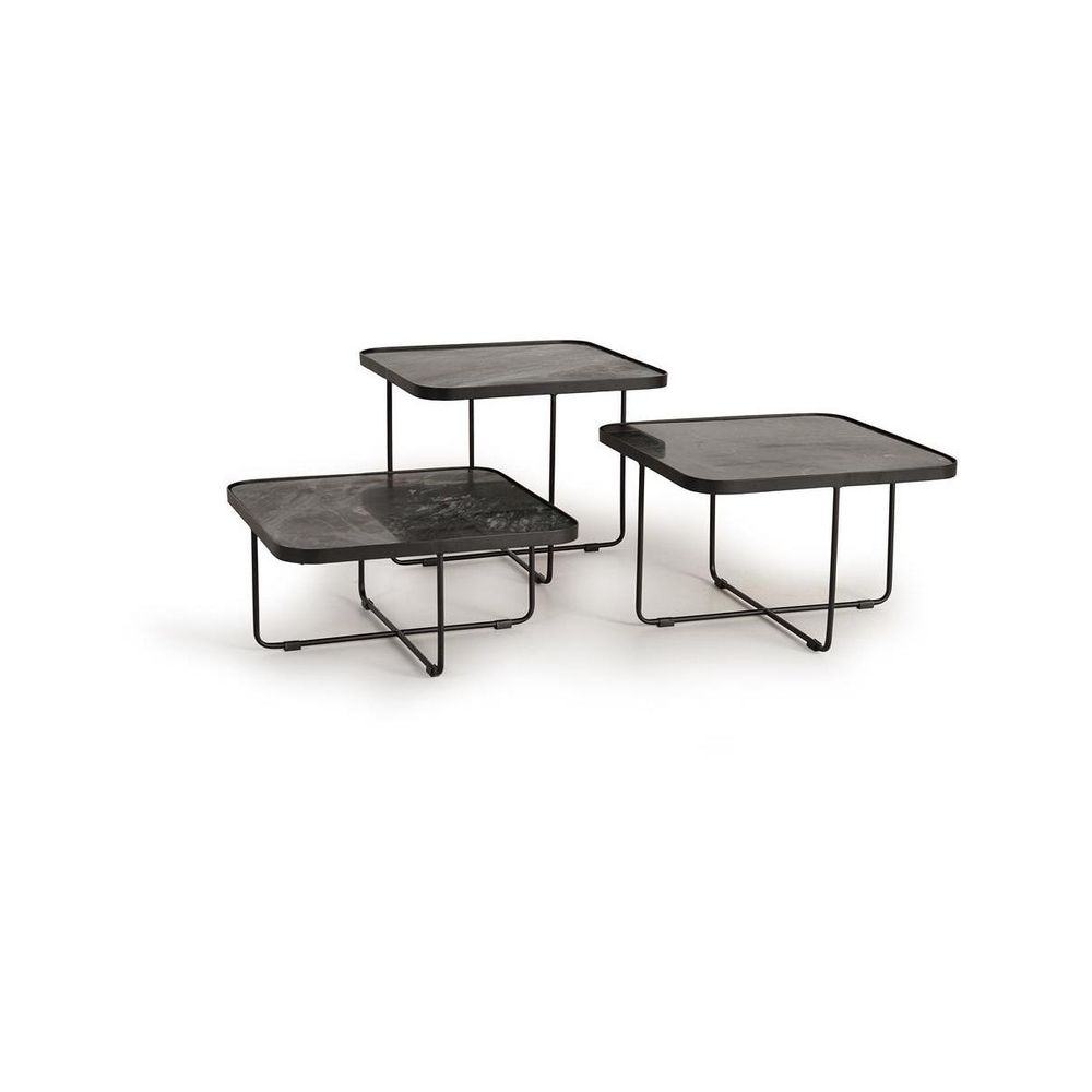 Lot de 3 tables basses marbre fer noir - décoration d'autrefois