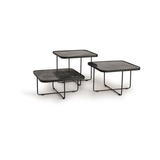 Lot de 3 tables basses marbre fer noir - décoration d'autrefois