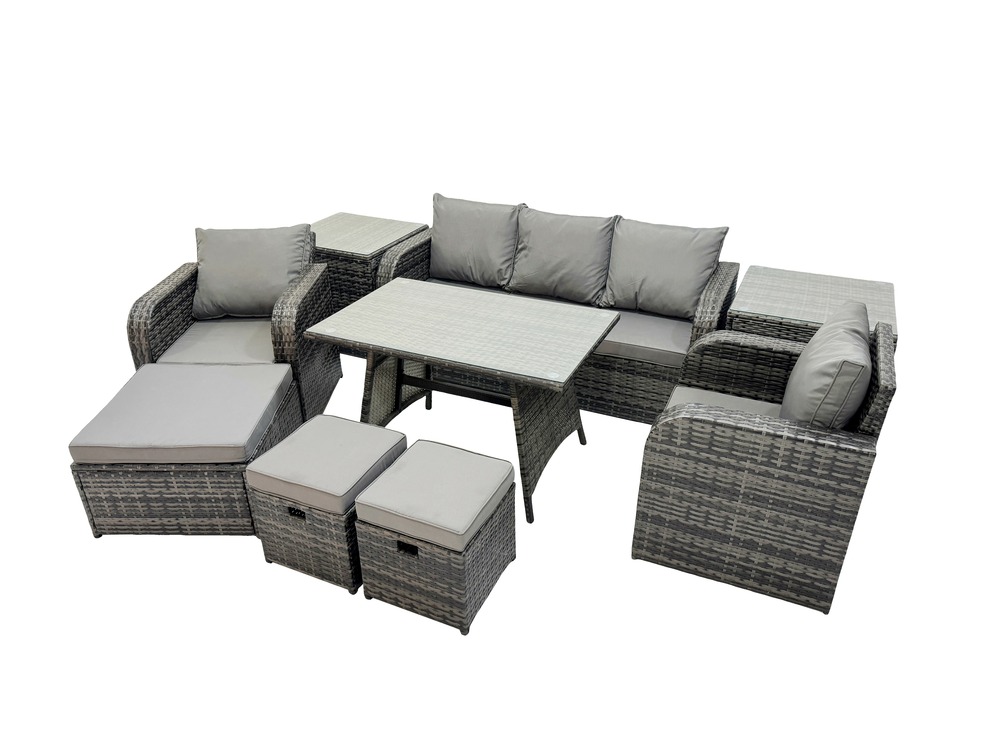 Ensemble de meubles de jardin avec table à manger chaise inclinable canapé 3 places 3 tabourets 2 tables d'appoint 8 places