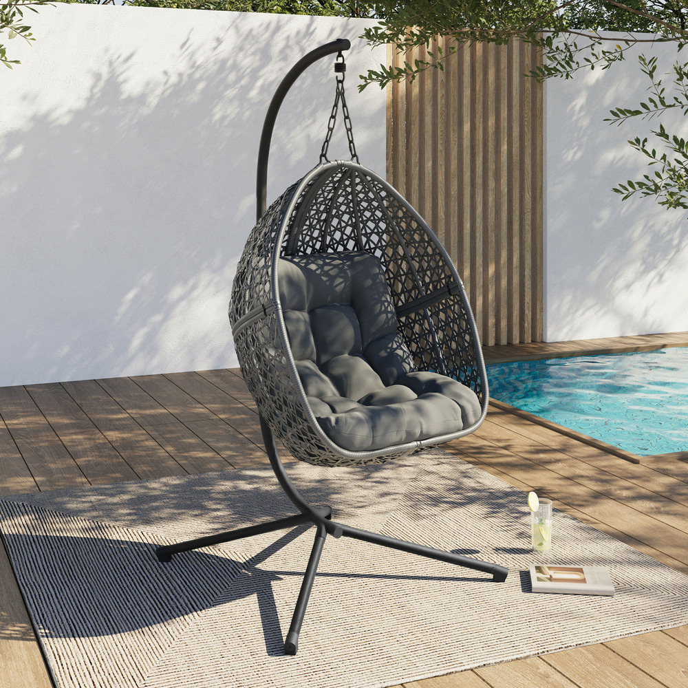 Fauteuil lune suspendu ajouré effet rotin avec coussin gris