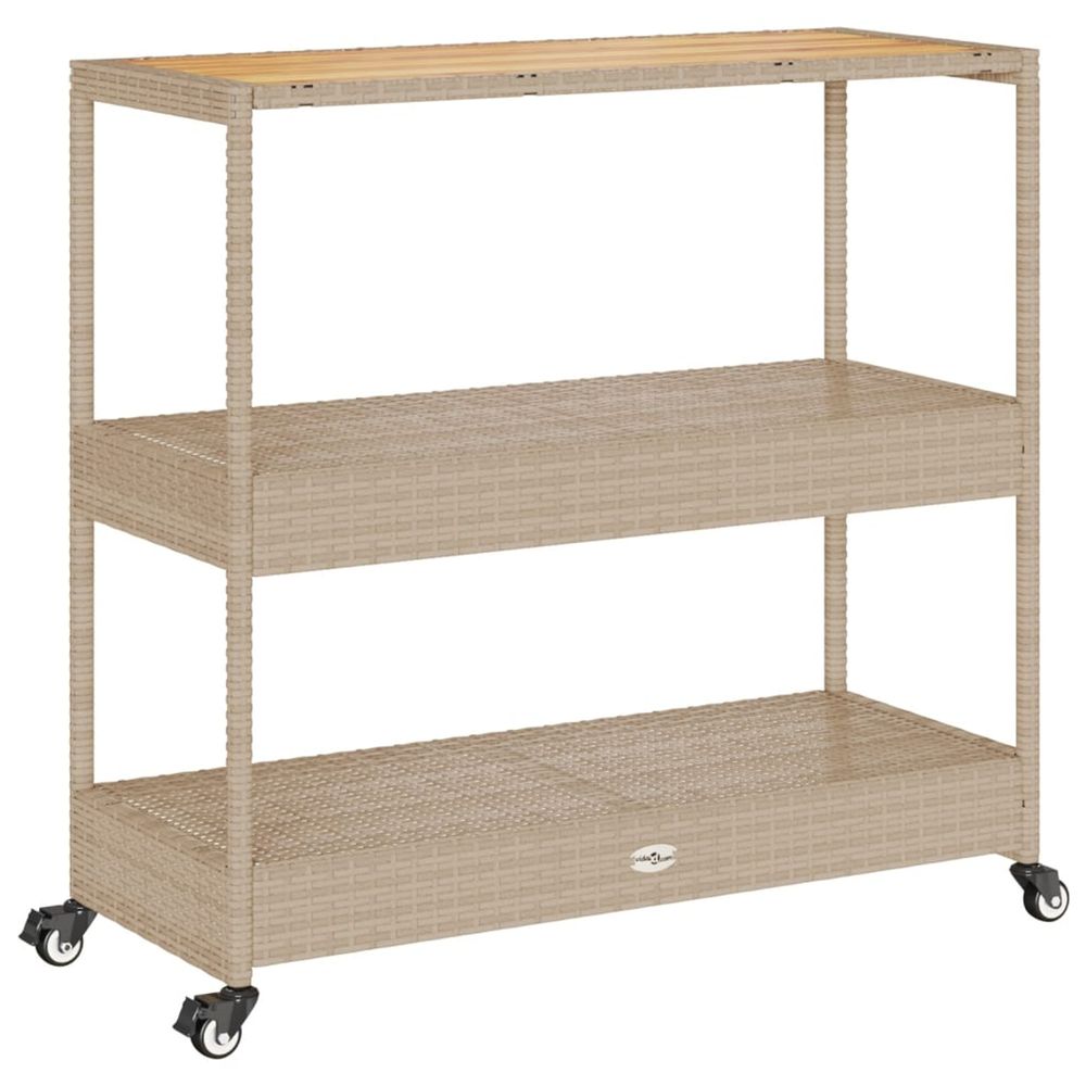Chariot de bar 3 niveaux beige rotin et bois d'acacia massif