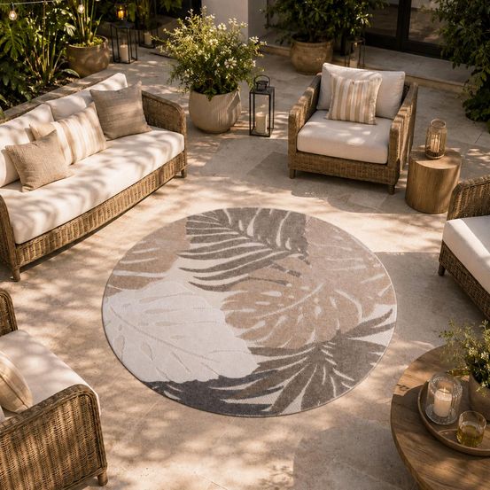 Tapis rond d'extérieur ø150cm tissé kilim beige et crème chimeki