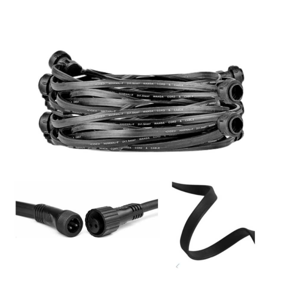 Guirlande guinguette pro 5 mètres câble plat noir 10 douilles e27 ip65 connectable