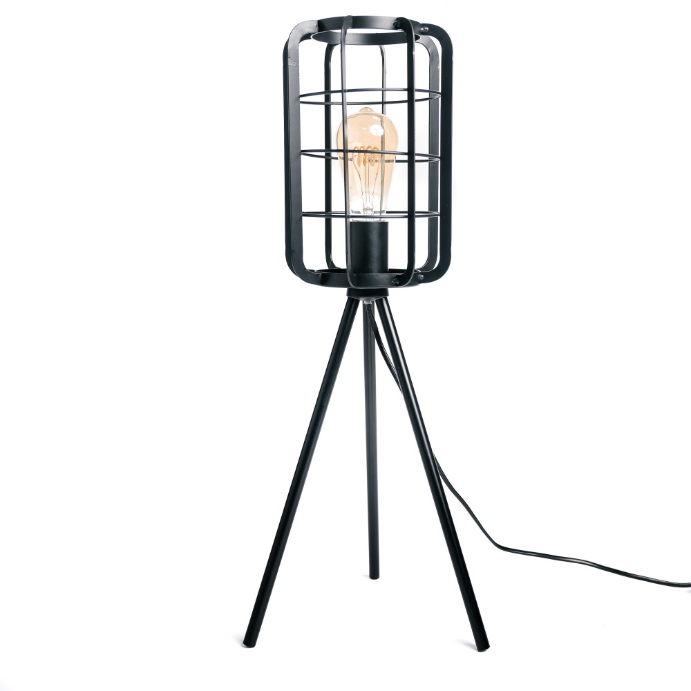 Lampe de table, à poser salon, trépied chambre, bureau métal industrielle noir abat-jour forme cage h 61 cm - luminaire d'intérieur