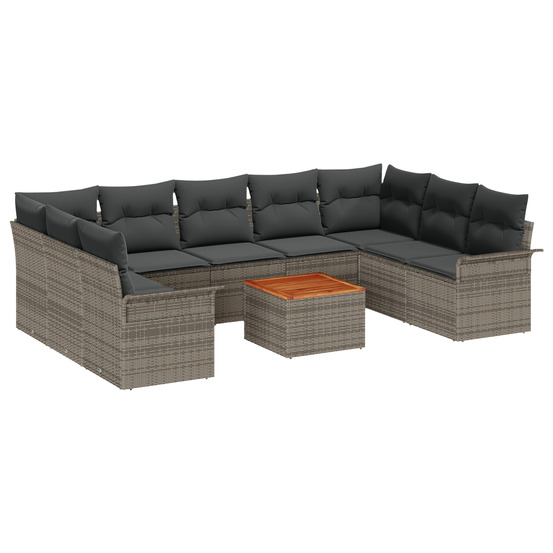 Ensemble de canapé de jardin 10 pièces avec coussins gris poly rattan acacia