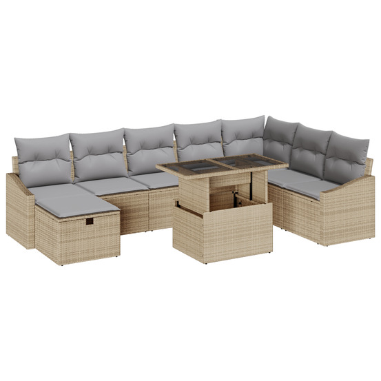 Ensemble de canapé de jardin 9 pièces avec coussins beige en rattan poly