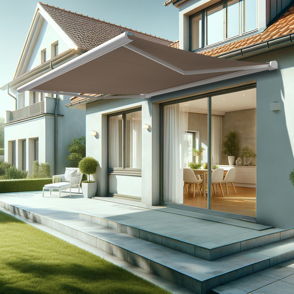 Store banne coffre intégral hevoa 4,10x3,50 m (manuelle - blanc satiné ral9010 - taupe)