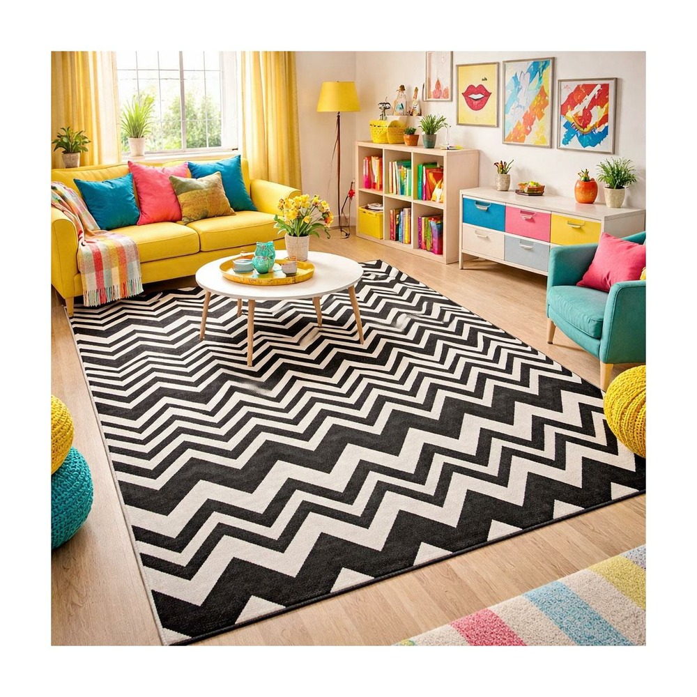 Tapis salon 160x225 tissé noir rectangle motif géométrique lyn1 vagues