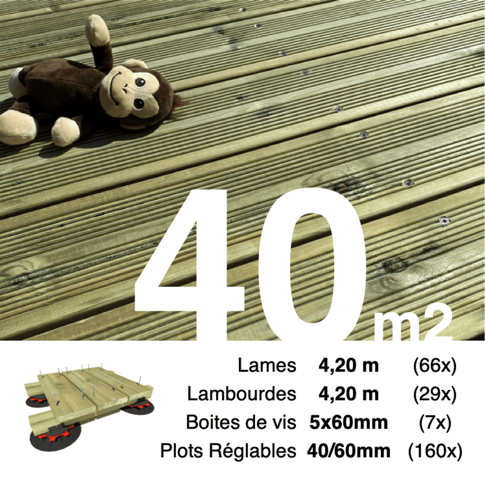 Kit complet terrasse pin autoclave vert pour 40 m², lames 4,2 m, lambourdes 4,2 m, plots réglables et visserie inox.