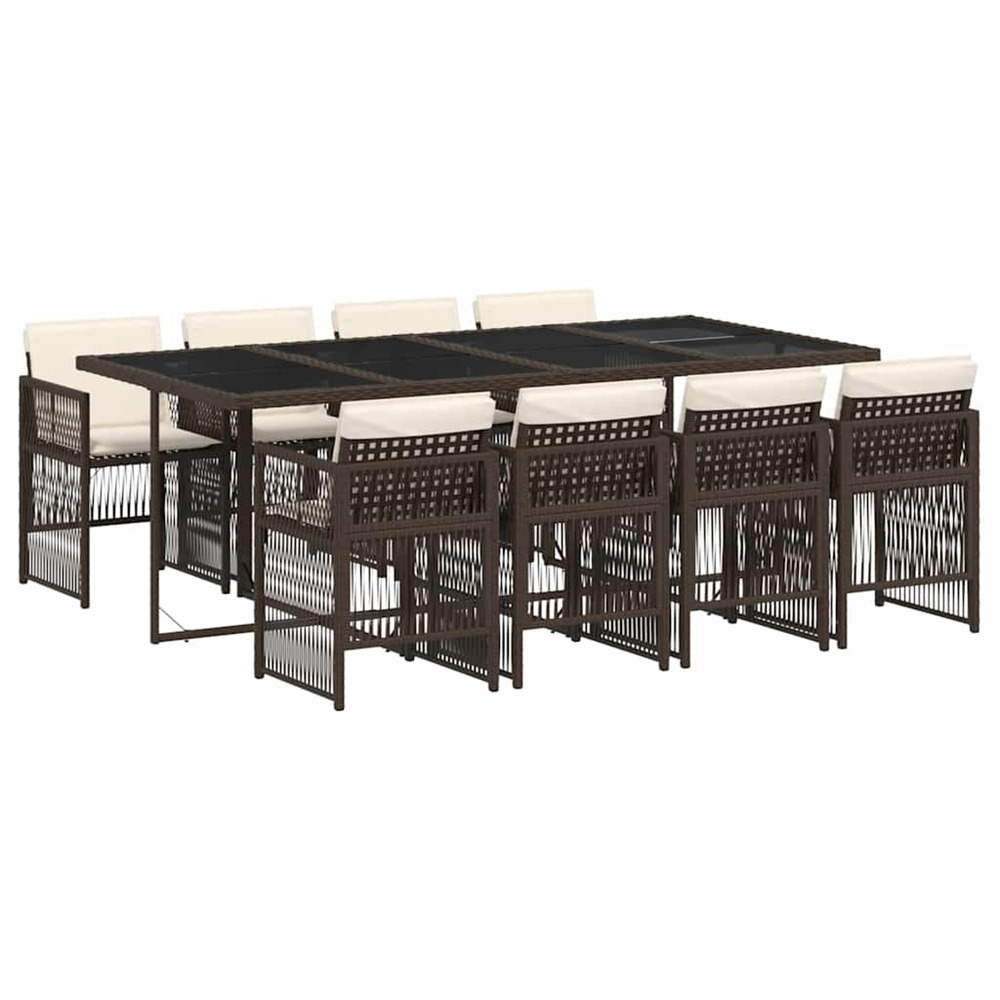 Ensemble à manger de jardin et coussins 9 pcs marron poly rotin
