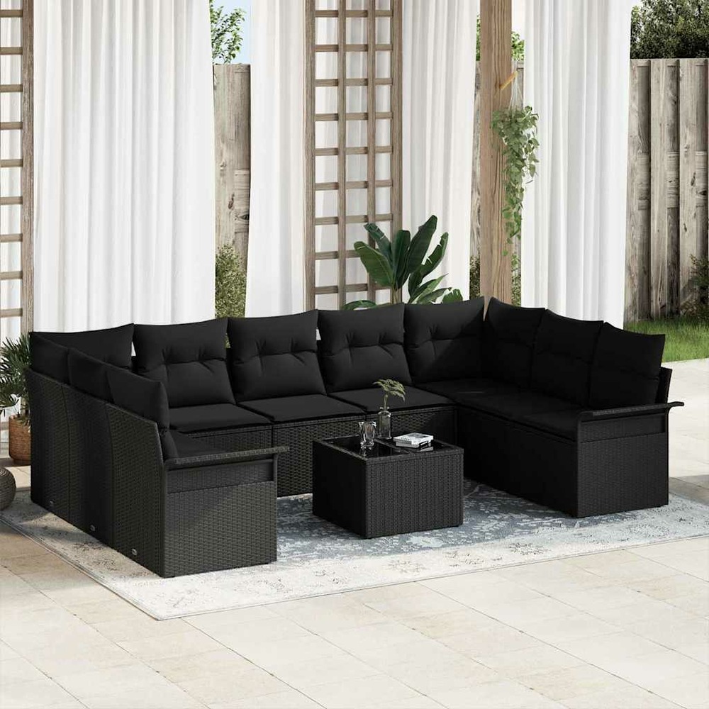 Ensemble de canapé de jardin avec coussin 10 pcs noir polyrotin