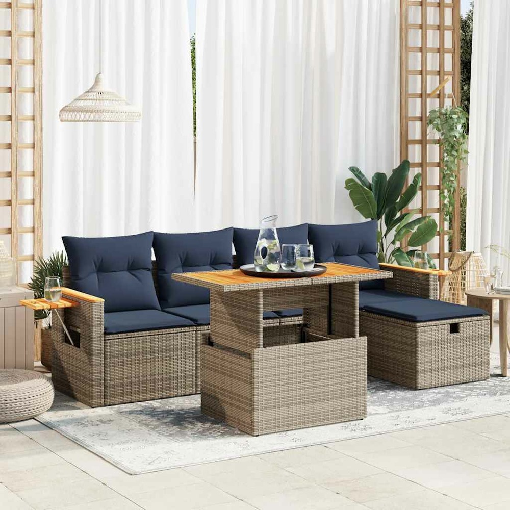 Salon de jardin avec coussins 6 pcs gris résine tressée acacia