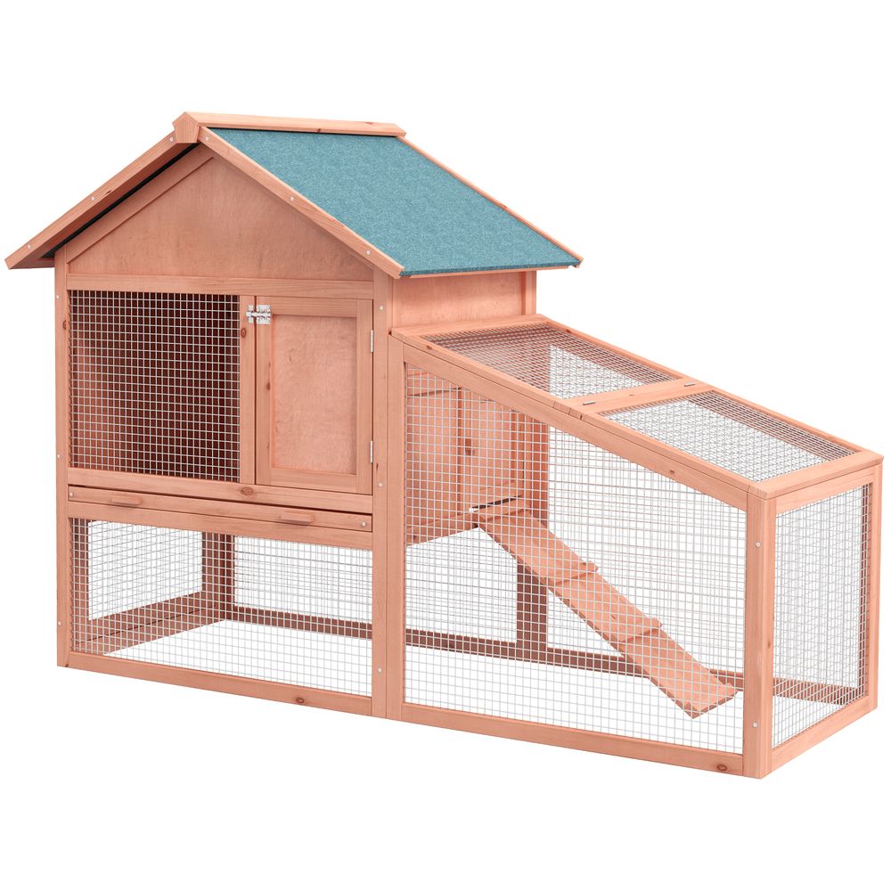 Clapier pour lapins en bois de sapin 144 x 64,5 x 100 cm 2 niveaux avec enclos