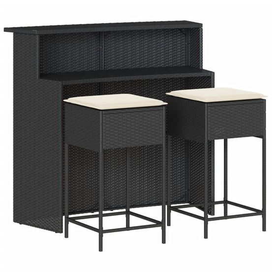 Ensemble de bar de jardin 3 pcs avec coussins noir poly rotin