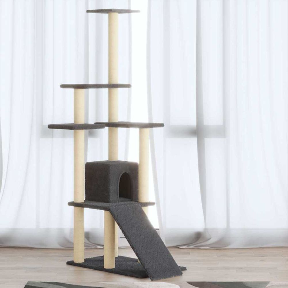 Grand arbre à chat 155 cm avec rampe griffoir, niche et plateformes en peluche gris foncé