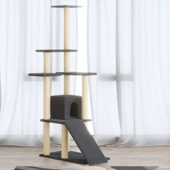 Grand arbre à chat 155 cm avec rampe griffoir, niche et plateformes en peluche gris foncé