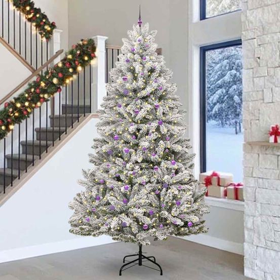 Sapin de noël géant 300 cm floqué blanc, décoration complète avec led et boules pour fêtes