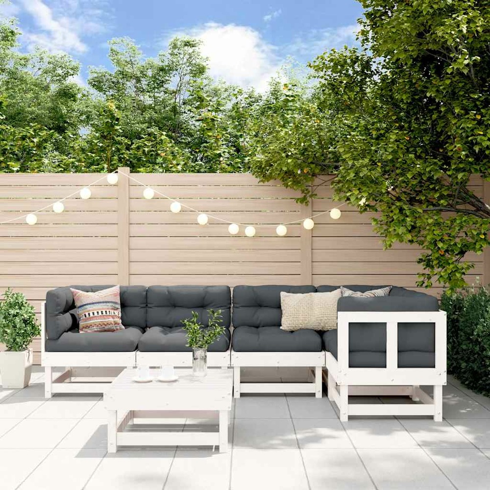 Salon de jardin 6 pcs avec coussins blanc bois massif