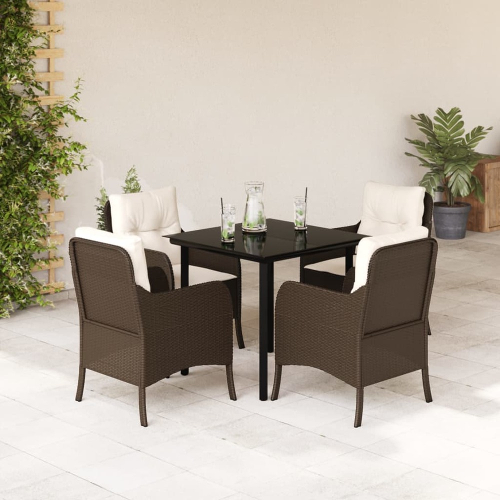 Ensemble à manger de jardin 5 pcs et coussins marron poly rotin