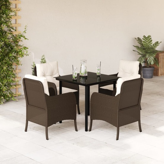 Ensemble à manger de jardin 5 pcs et coussins marron poly rotin