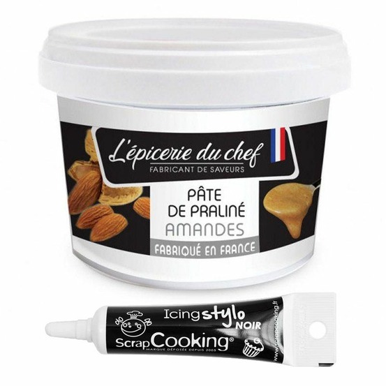 Pâte de praliné amandes 200 g + stylo de glaçage noir