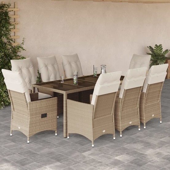 Ensemble à manger de jardin et coussins 9 pcs beige poly rotin