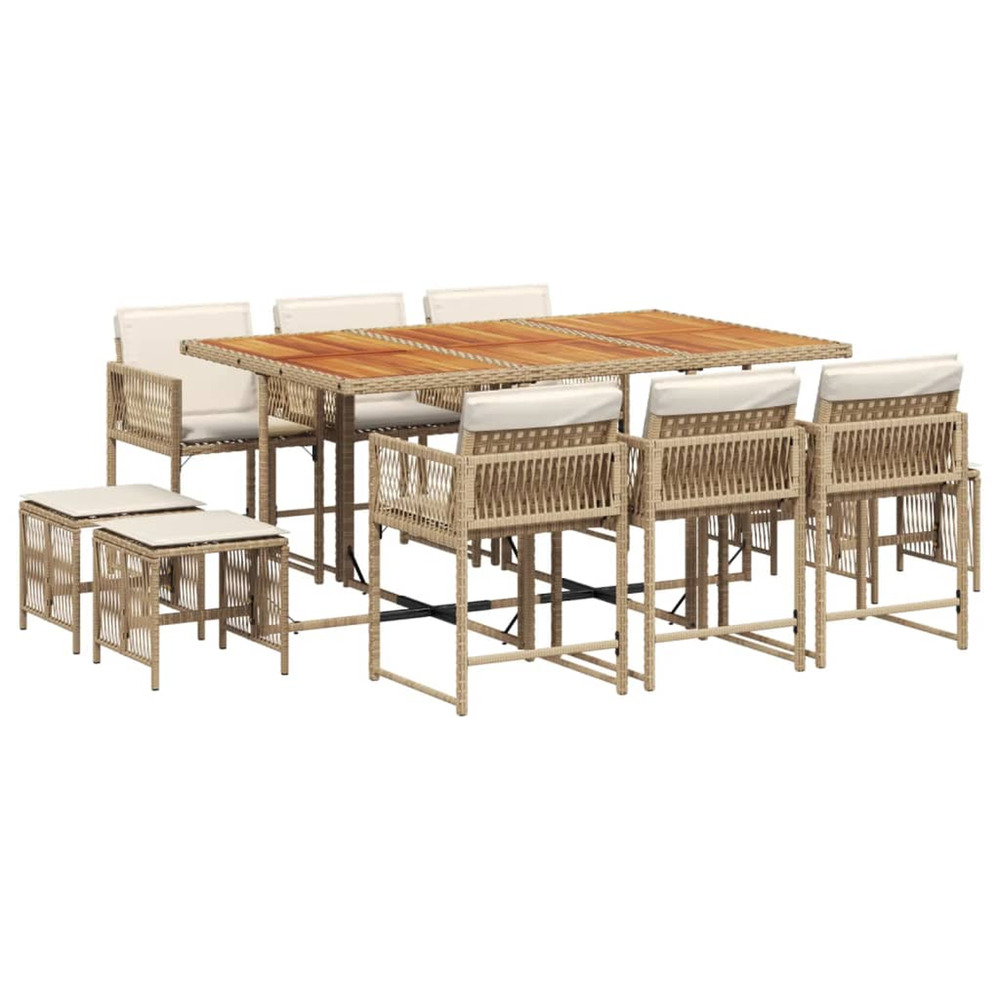 Ensemble à manger de jardin et coussins 11 pcs beige poly rotin