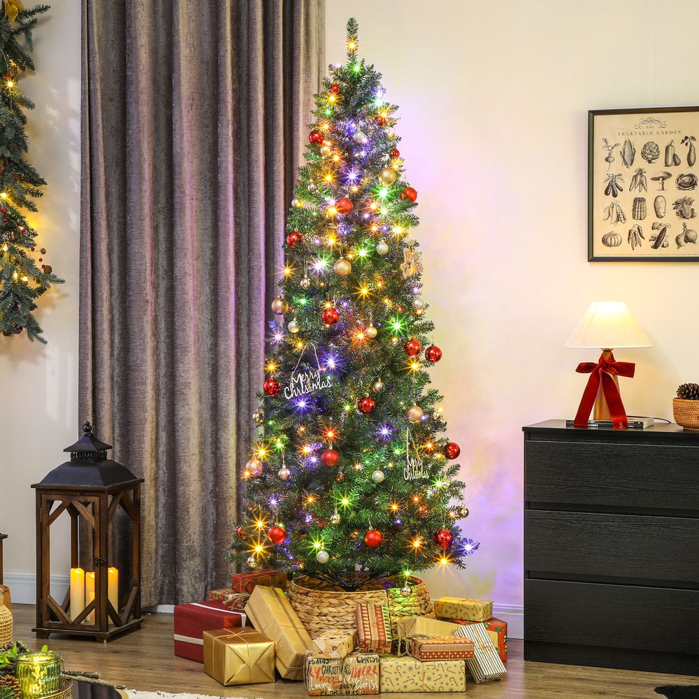 Sapin de noël artificiel fin 210 cm vert, 1273 pointes, 350 lumières, support métal pliable