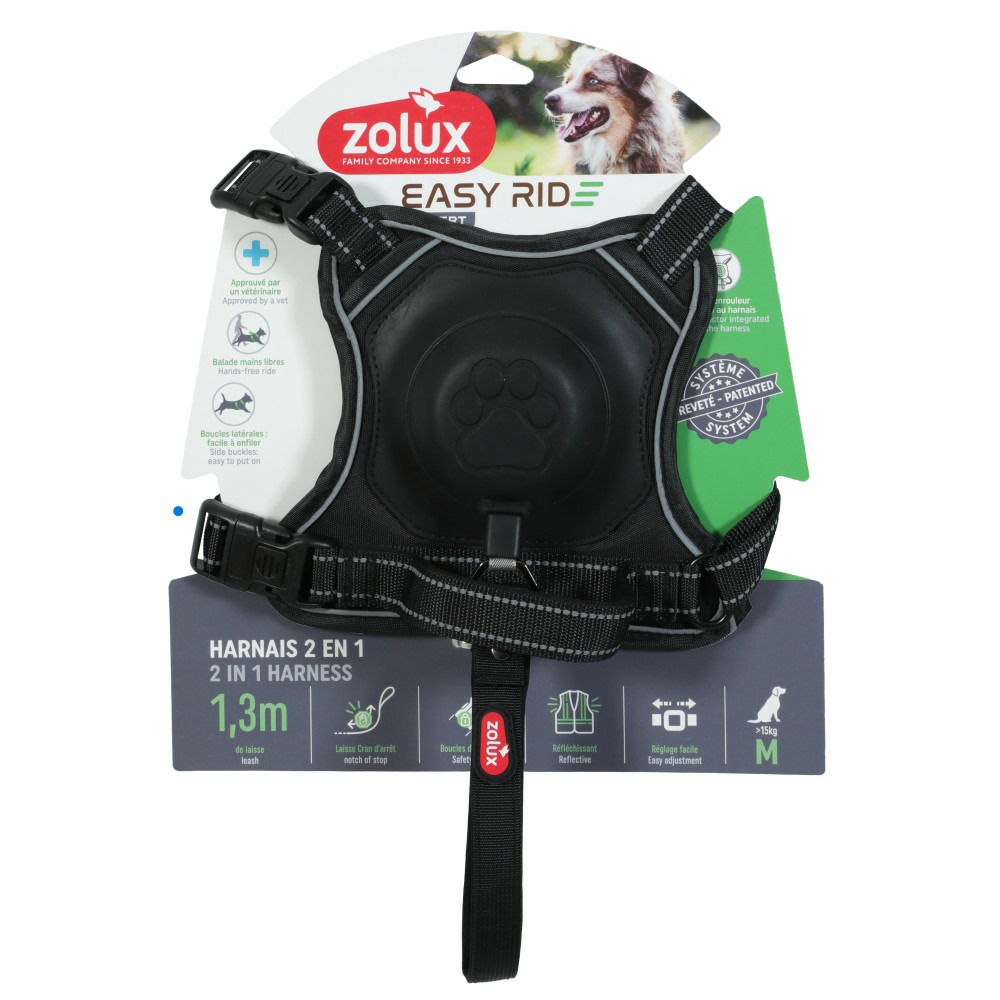 Harnais et laisse enrouleur intégré m noir pour chien max 33 kg