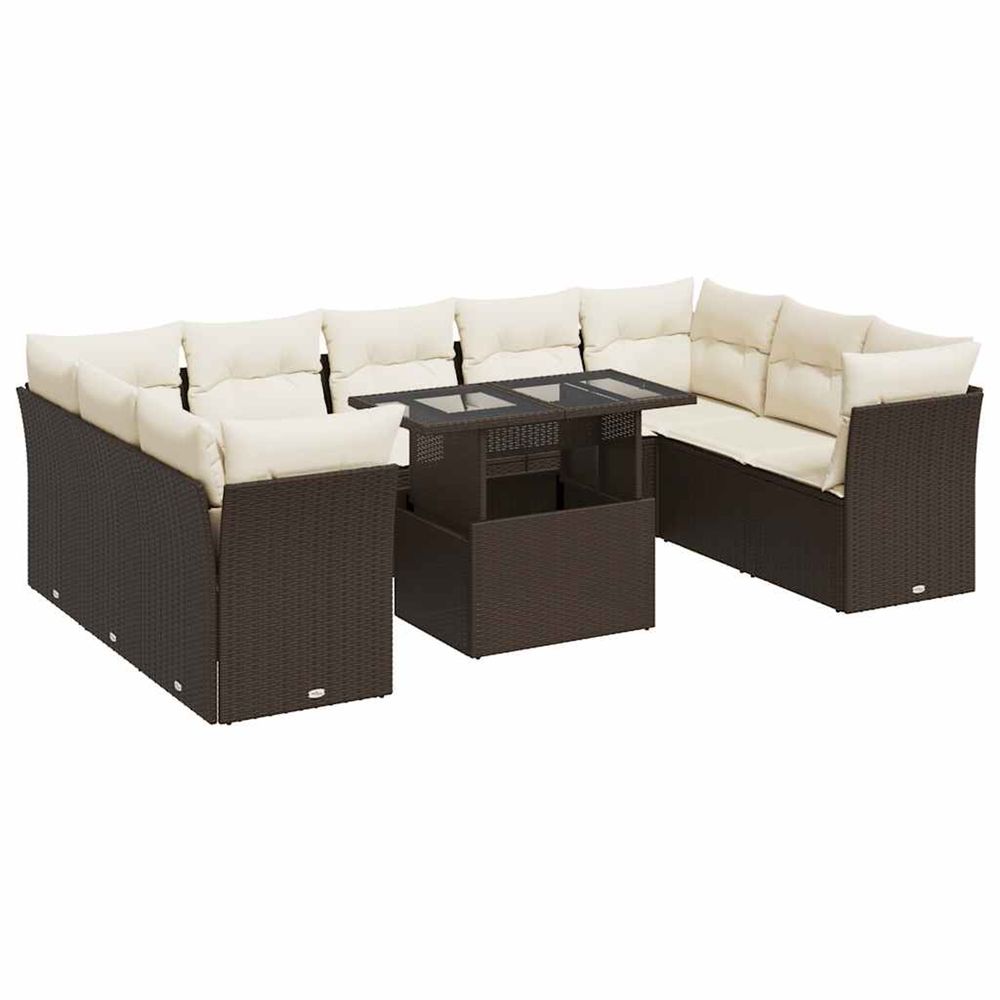 Salon de jardin 10 pcs avec coussins marron résine tressée