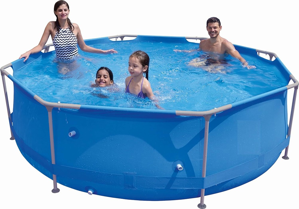 Piscine amovible avec structure en acier et ronde. Taille 3m x 76cm de haut. Résiste au soleil. Capacité 4383l