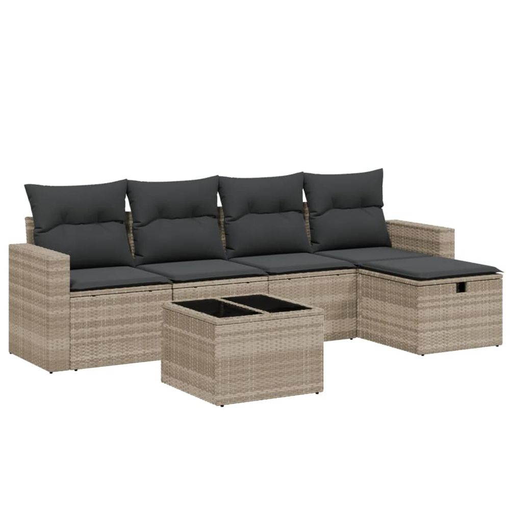 Salon de jardin 6 pcs avec coussins gris clair résine tressée