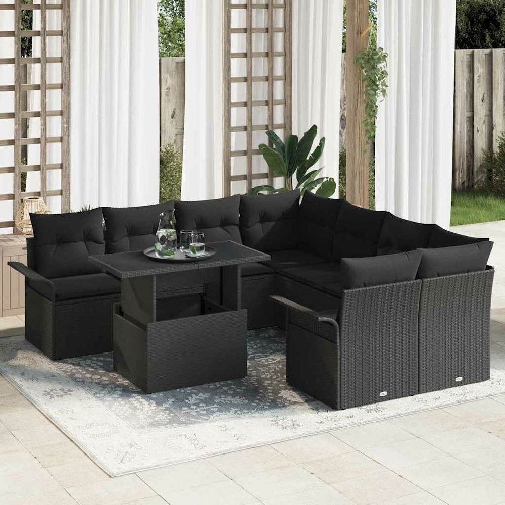 Ensemble de canapé de jardin avec coussin 9 pcs noir poly rotin