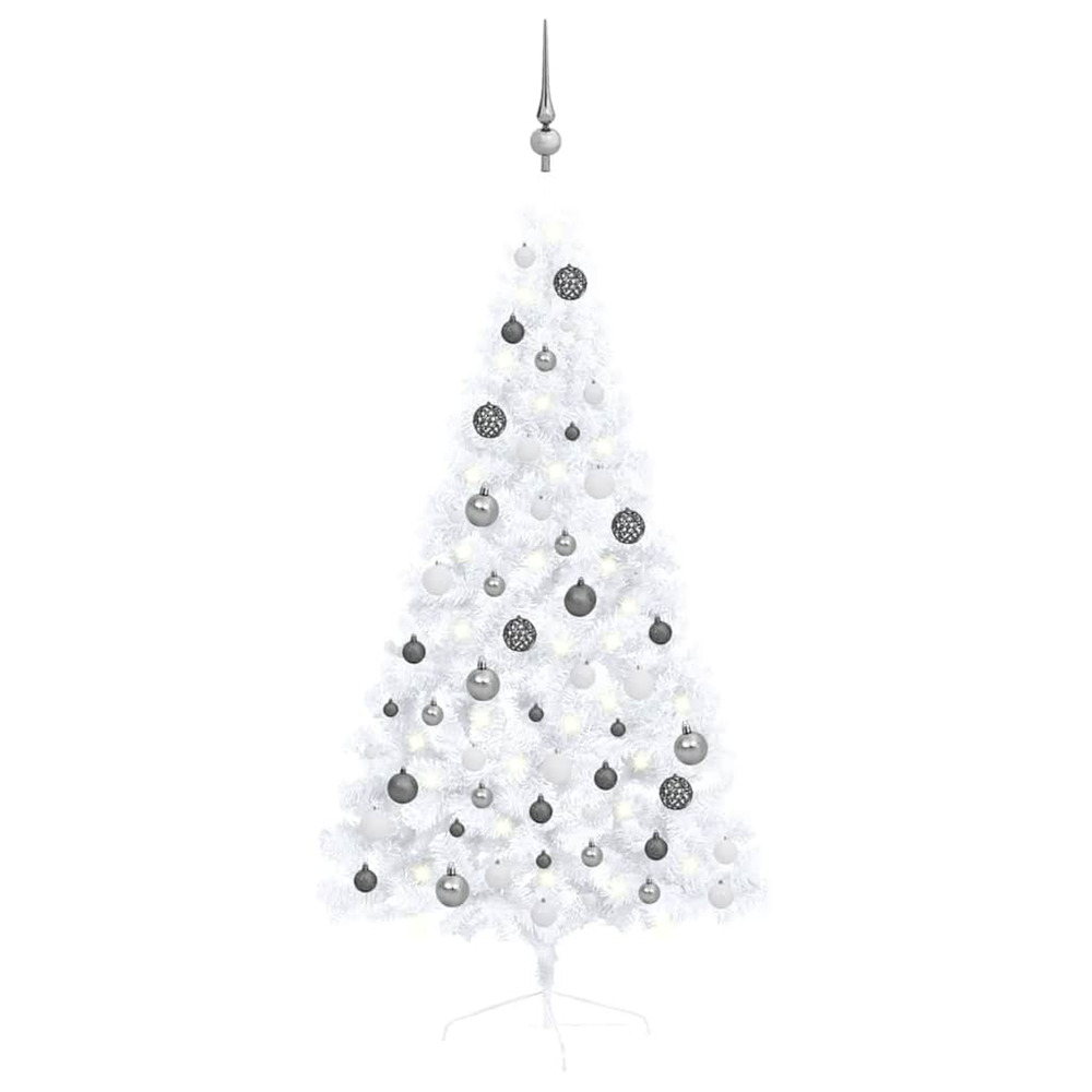Demi-arbre de noël artificiel pré-éclairé et boules blanc 150cm