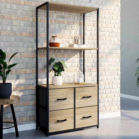 Etagère 3 niveaux avec 4 tiroirs en tissu utah 120 cm meuble de rangement design industriel