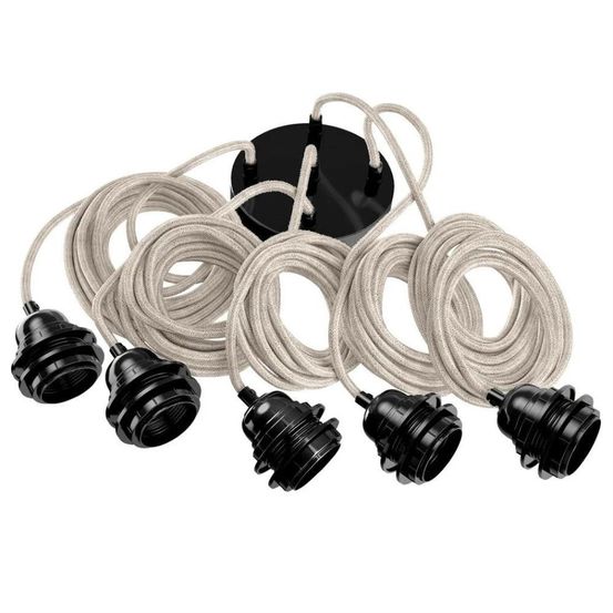 Suspension hang luminaire 5 cordes - lin brut douilles noires