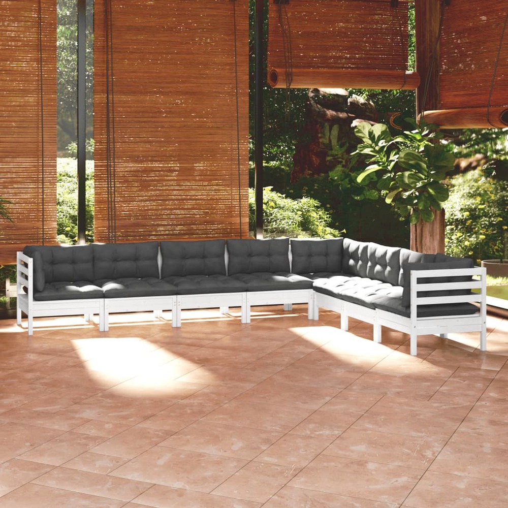 Salon de jardin 8 pcs avec coussins blanc bois de pin massif