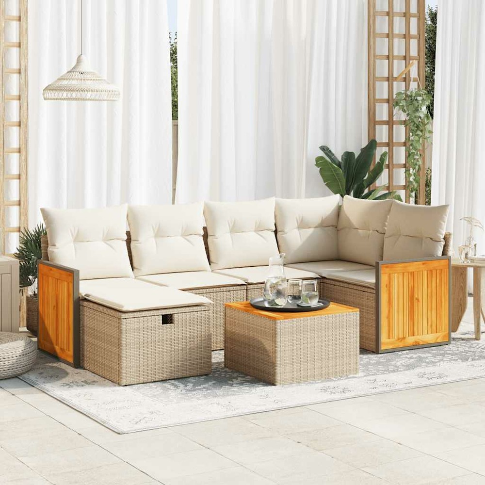 Salon de jardin avec coussins 7 pcs beige résine tressée