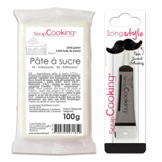 Pâte à sucre blanche 100 g + stylo de glaçage noir