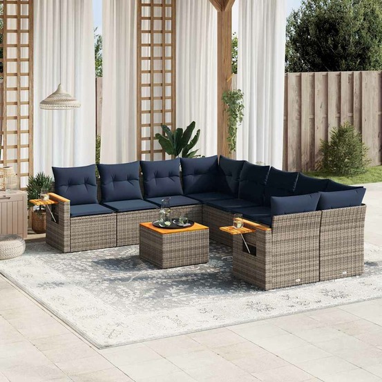 Salon de jardin 9 pcs avec coussins gris résine tressée