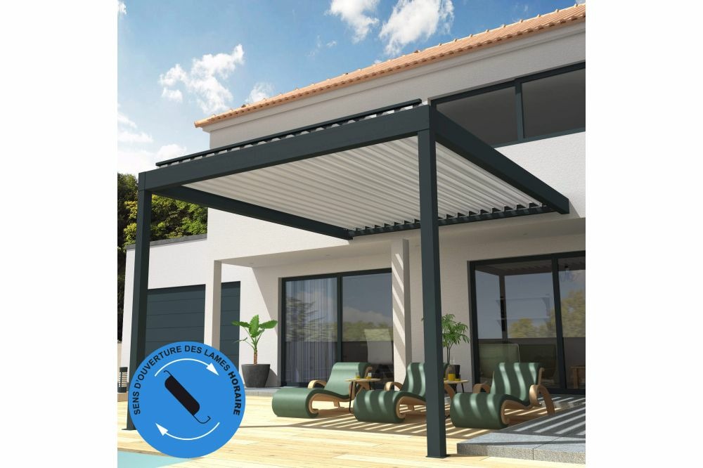Pergola bioclimatique cocoon perpendiculaire horaire mixte gris anthracite / blanc 4,051x3,50m verin