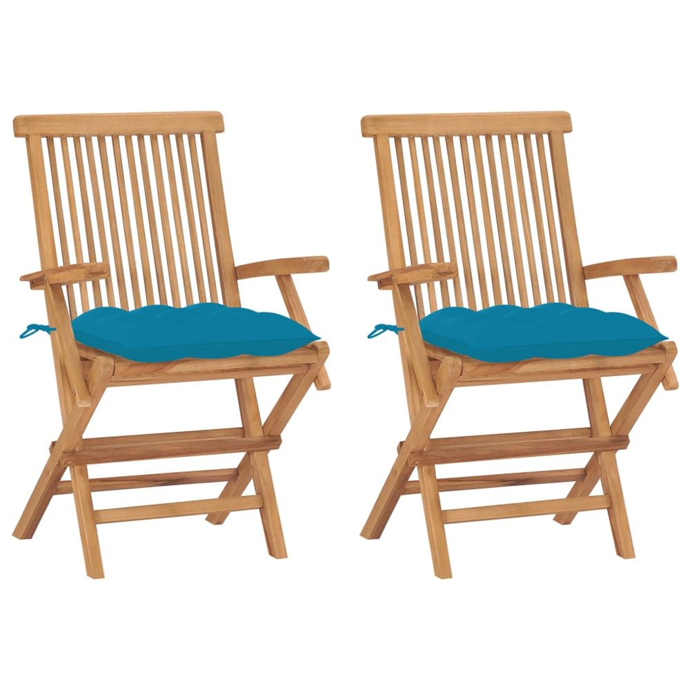 Chaises pliantes avec coussins bleu clair, 2 pièces, en bois de teck massif