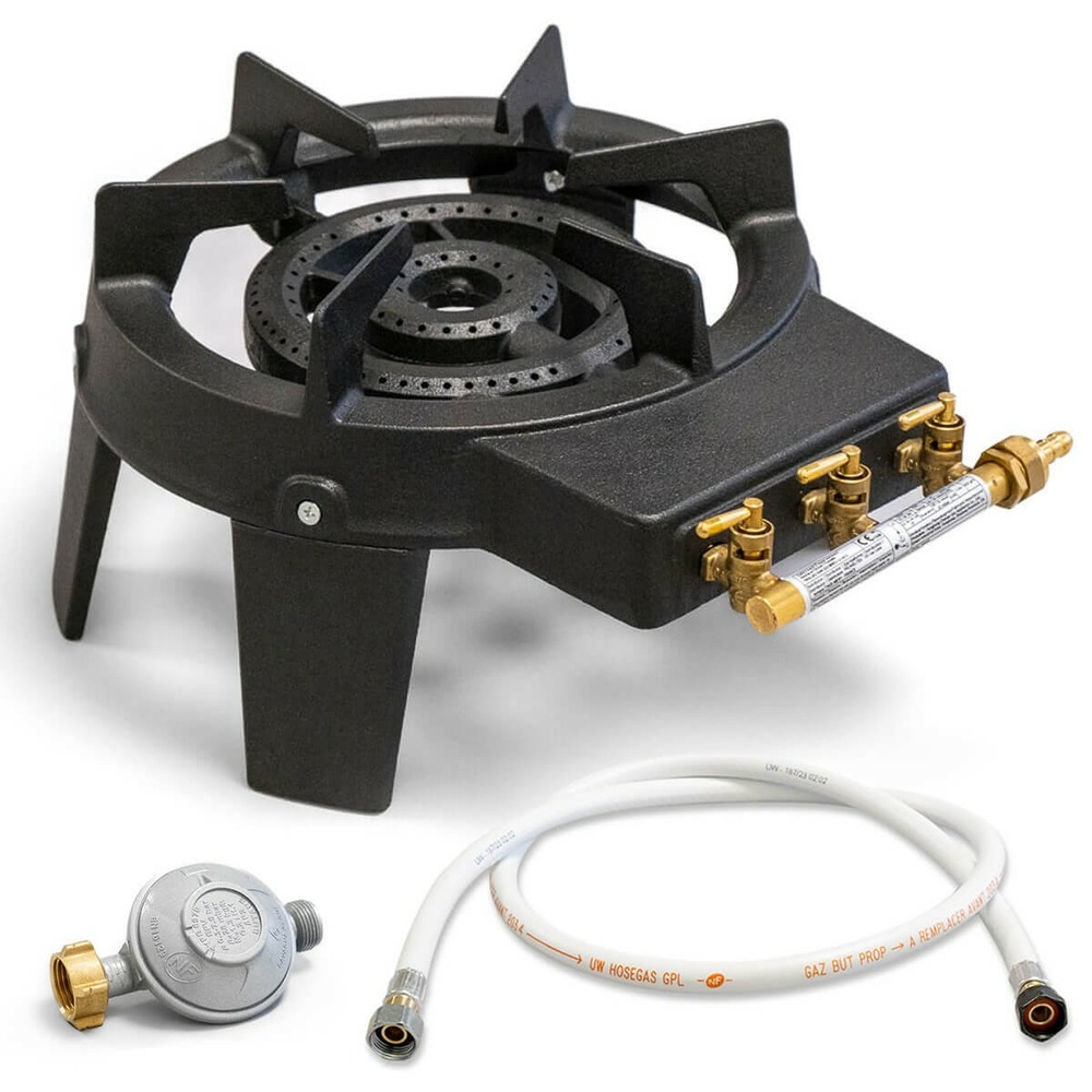 Rechaud gaz fonte 9. 8 kw 4 pieds 3 robinets + tuyau 1. 50m + détendeur butane