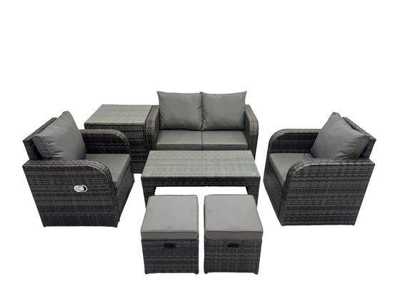 6 places ensemble de meubles de jardin en polyrotin avec table basse rectangulaire canapé d'amour table d'appoint 2 petits tabourets